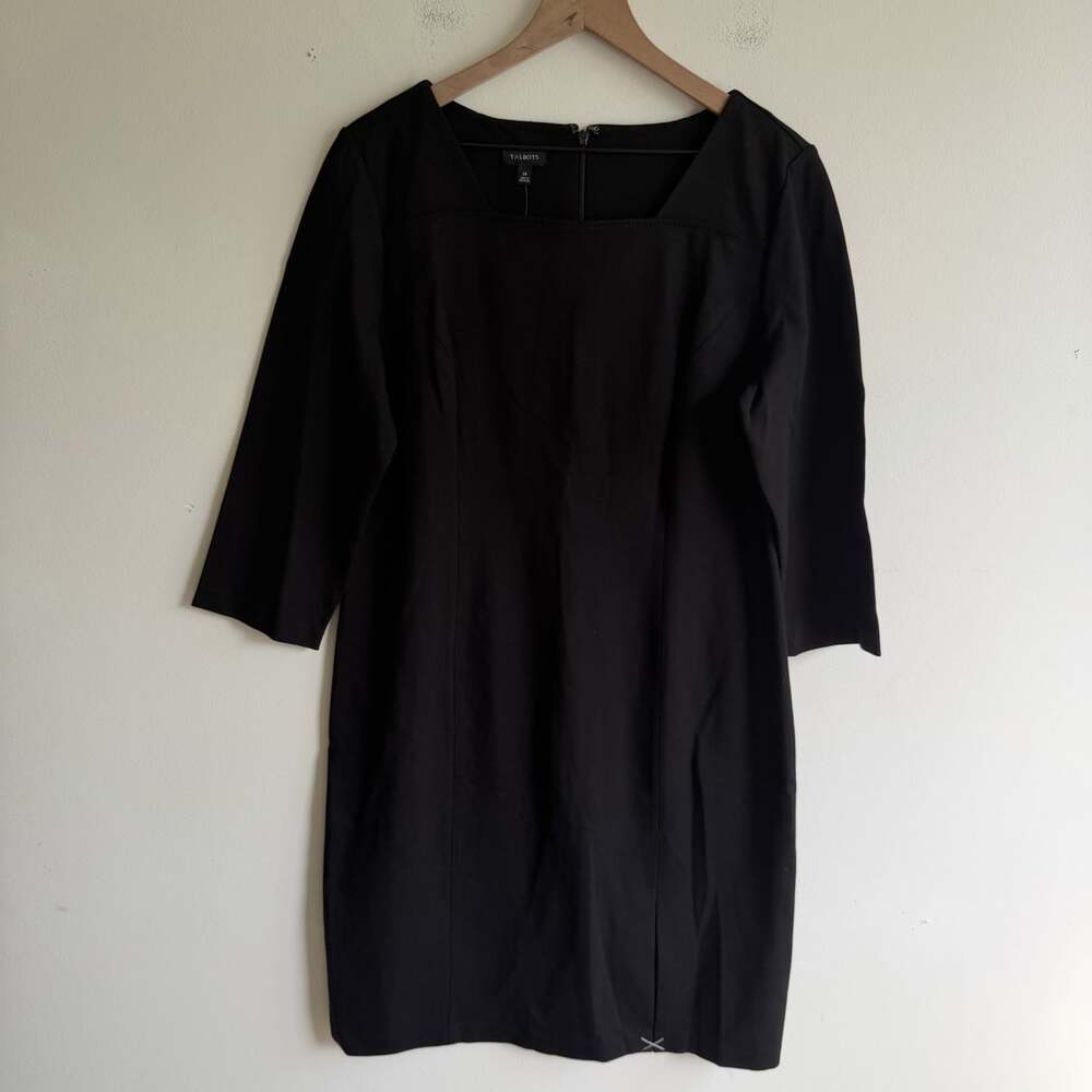 NWT Talbots 3/4 Sleeve Sheath Dress Knee Length Black Size 14 Career Ponte $129